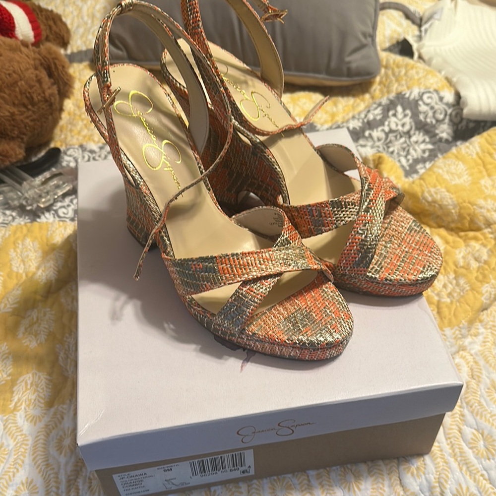 Jessica Simpson Orange and Green Wedge Sandals